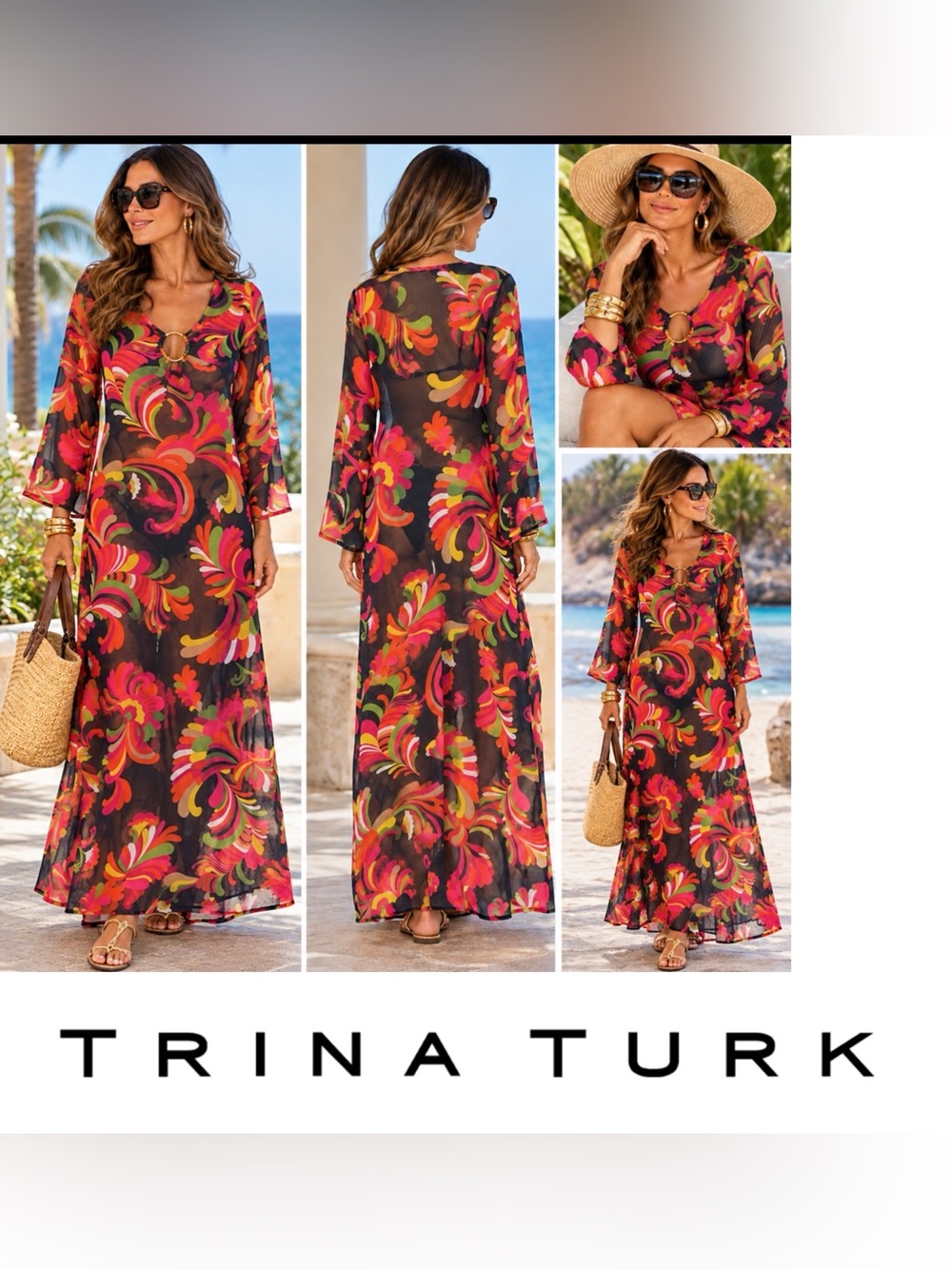 Trina Turk Tropical Floral Sheer Mesh Maxi Dress /Beach Cover Up L